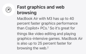 اپل می‌گوید مک‌بوک ایر M3 از لپ‌تاپ‌های کوپایلوت پلاس عملکرد بهتری دارد