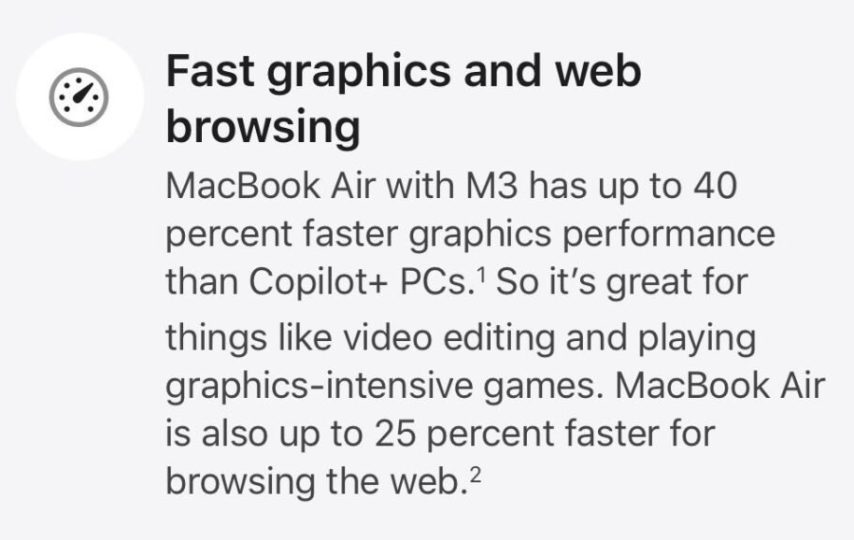 اپل می‌گوید مک‌بوک ایر M3 از لپ‌تاپ‌های کوپایلوت پلاس عملکرد بهتری دارد