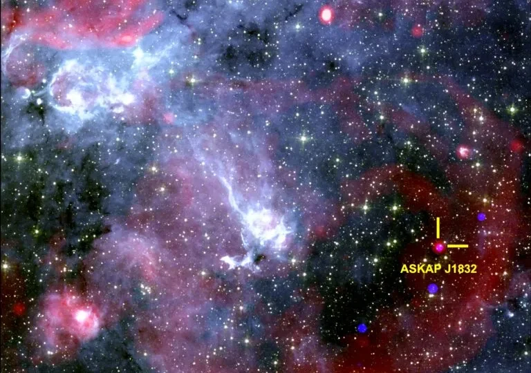 نمای آسمان پیرامون فوران اسرارآمیز انرژی موسوم به ASKAP J1832–0911، همان‌طور که توسط تلسکوپ‌های ناسا، چاندرا و اسپیتزر، و همچنین تلسکوپ رادیویی MeerKAT دیده شده است.