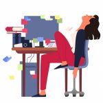 دختر کارتونی خسته از انجام کارها پشت میز کار